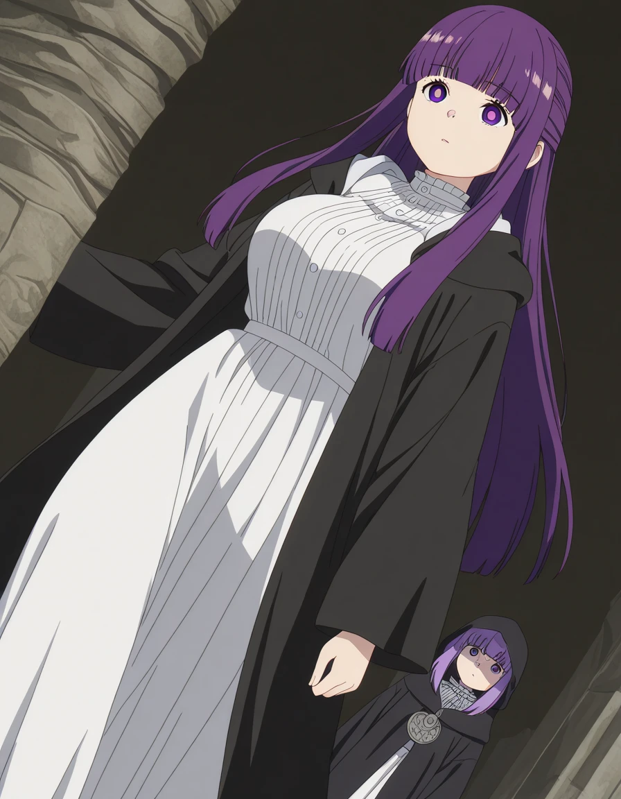 (((Pixel Perfect, Perfect detail))), ((alone, 1 girl)), fern, long hair, bangs, (purple eyes:1.1), purple hair, sidelocks, blunt bangs, (bright pupils:1.5), half updo, long sleeves, dress, white dress, long dress, robe, black robe,(showing panties :1.3), whole body, indoor