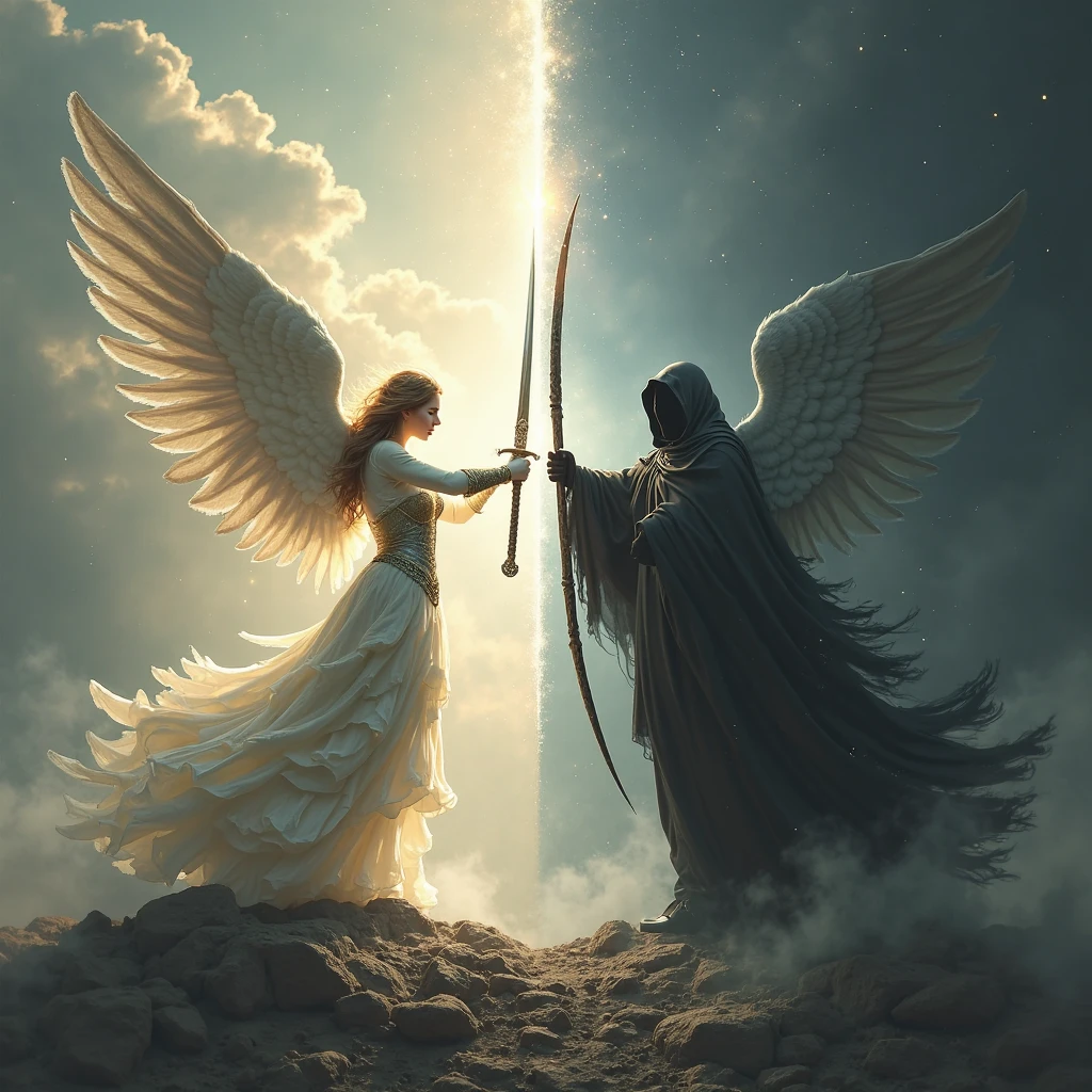 Create an image about life fighting death and add something related to time, death is represented with a skeleton or something like that and life with an angel.