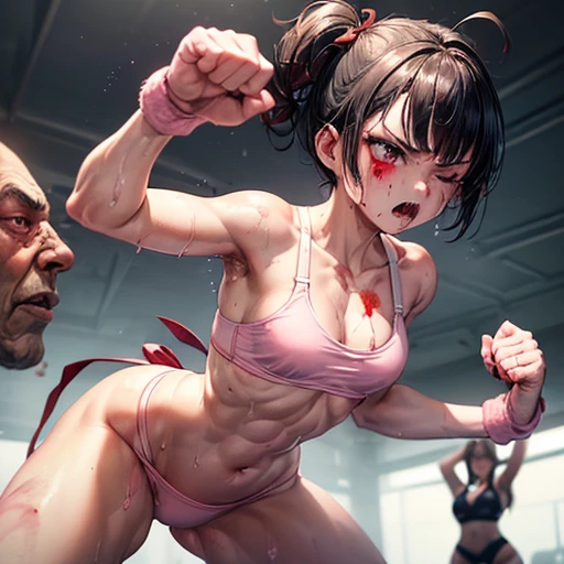 a (bloody) japanese female streetfighter is beated down in the backstreet. She has the will to fight. she is trying to stand from down.She is glaring at the opponent with an upward glance. A bloodied and bruised female fighter looks down, mouth wide open, She has a lot of punches from the male fighter. she has big pain. she is damaged terribry. Short-cut black hair, out of breath, drooling from mouth, exhausted, drenched in sweat. Erect nipples, open finger glove, Whittled waistline, muscular, six-pack abs, Ragged tanktop and denimshorts. Puffy nipples.