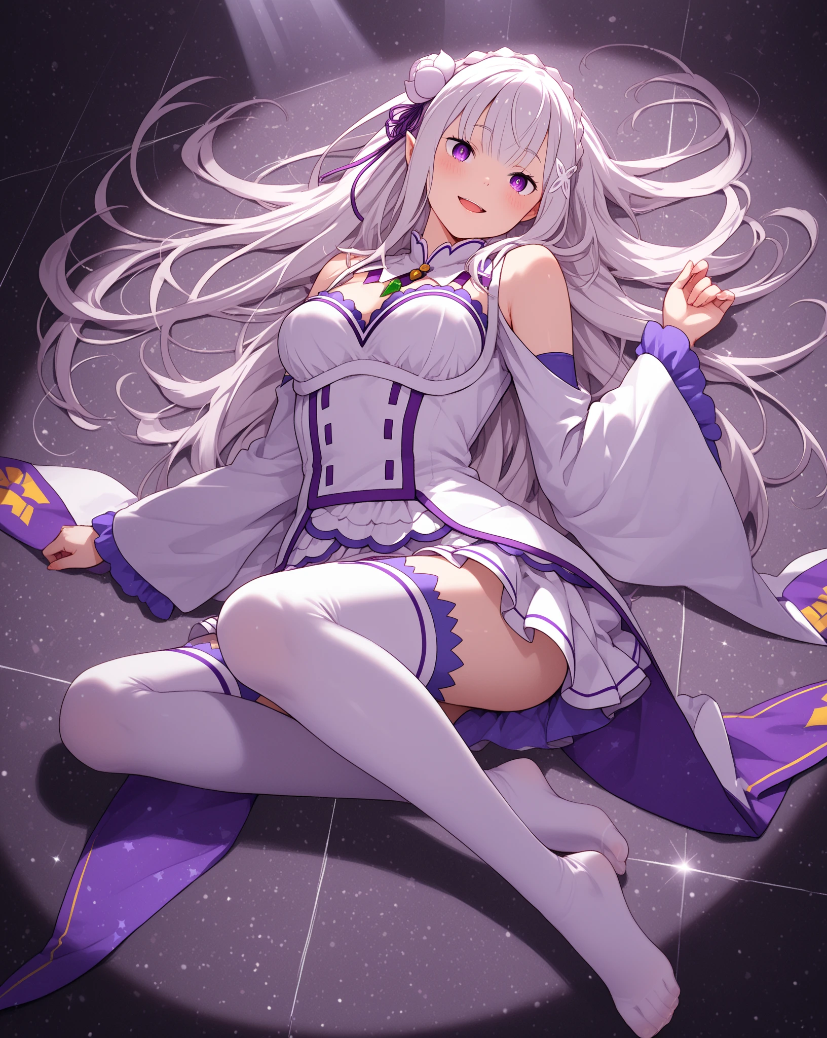 A high resolution, ultra detailed, Emilia, White hair, purple eyes, long hair, Medium breasts, hair flower, X-hair decoration, hair ribbon, White dress, separate collar, wide sleeves, white knee socks, open mouth, smile, yandere trance, yandere, Looking at the viewer, shaded face, hands on your own face, blood on the face, hands on your own cheeks, from below, in room, stone wall, ., High view, particles and hard light, cut corner. depth of field、natural soft light、professional lighting、aboutтличная smile、(highly detailed skin: 1.2)、Photorealistic render of an anime girl、Bright highlights of the eyes、Ideal ???????、Crotch open、shy、legs spread、Panties visible、Shiny body, oily, erectile nipple))、permission 8k、complex parts、Toned waist、Wide buttocks、Эффект Тиндаллаmasuter piece、top quality、Highest standards、Highest image quality、table、complex parts、A high resolution、depth of field、natural soft light、professional lighting、about, standing, very long hair, cowboy shot, brilliant, brilliant hair, (night:1.2),Dreamy, [[gentle fingers and hands:0.55]::0.85],(detailed fingers),),(emotional),(breathtaking),(main part:1.2) whole body.), (Anime Style), (Super Detailed), (brutal), (uhd, HDR), (8K), (High Resolution: 1.2), (Complex and Beautiful: 1.2)