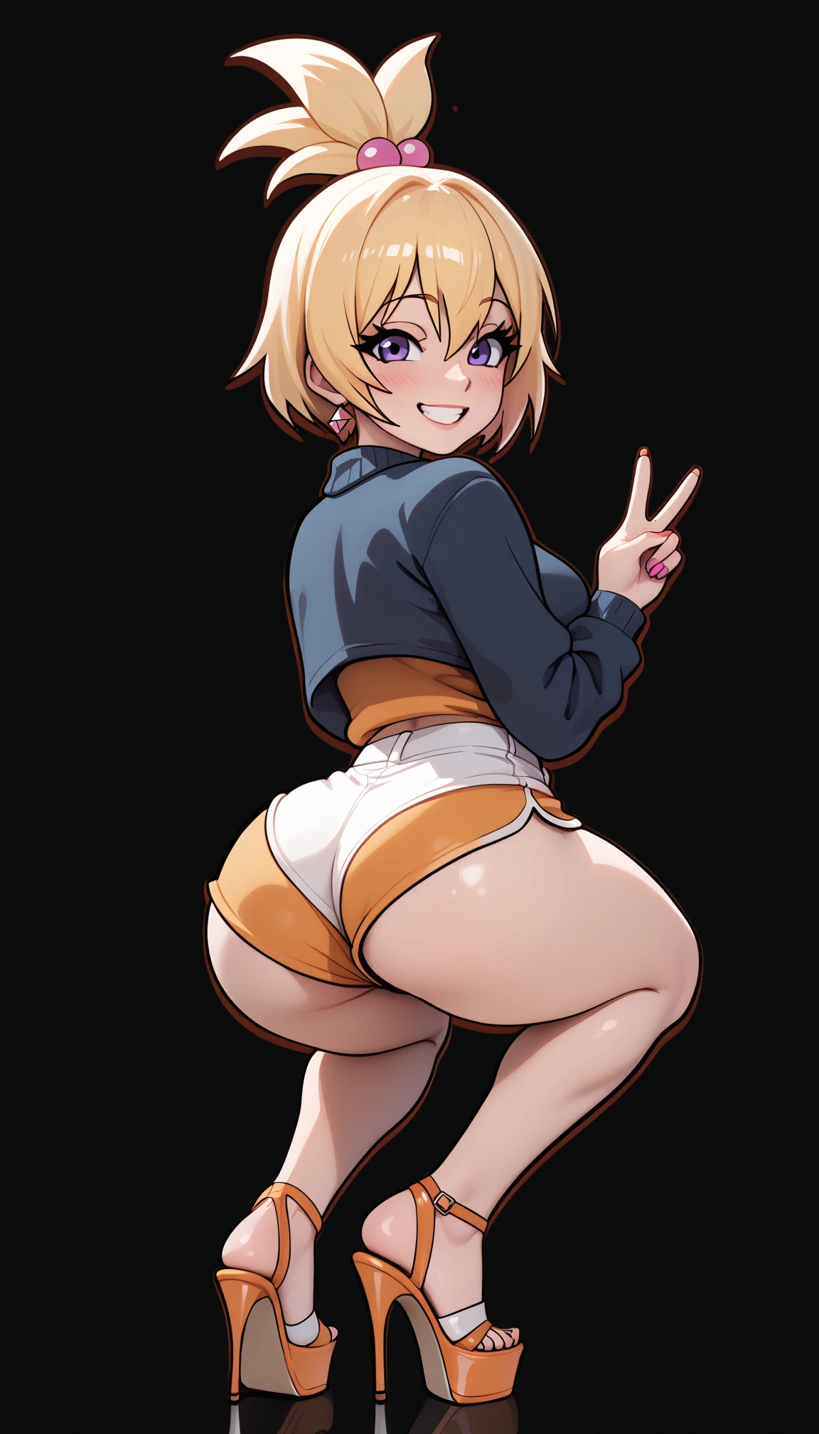 score_9, score_8_up, score_7_up, source_anime, BREAK, (((vigme))), , 1girl, solo, chubby, cheerleader, cheerleading uniform, large breasts, thicc, blonde hair, blue eyes, from behind, large ass, white panties from behind, nervous smile, blush, furrowed brows, embarrassed