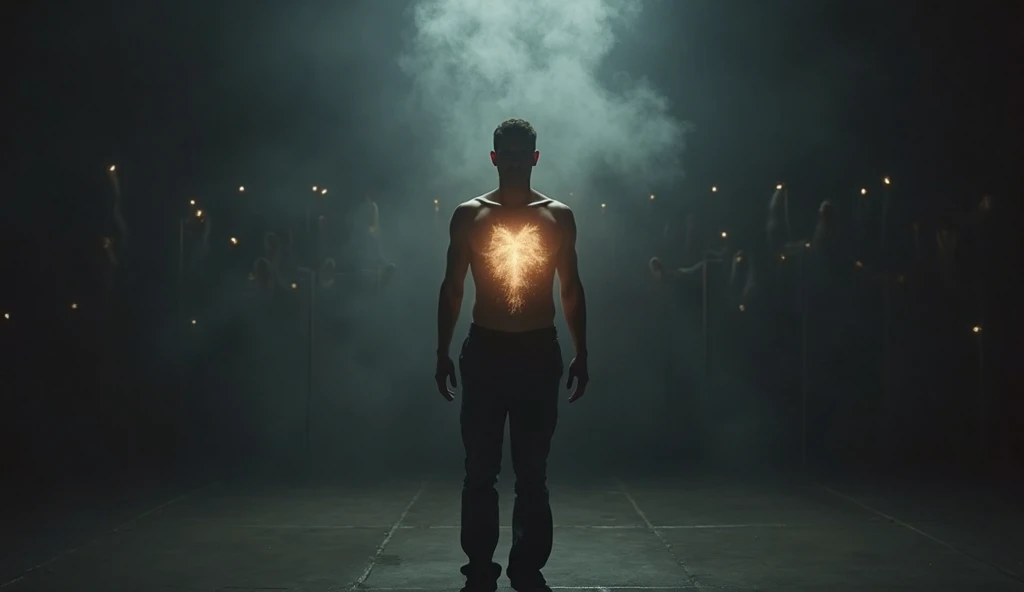 Man defecating, with rays coming out of the anus 