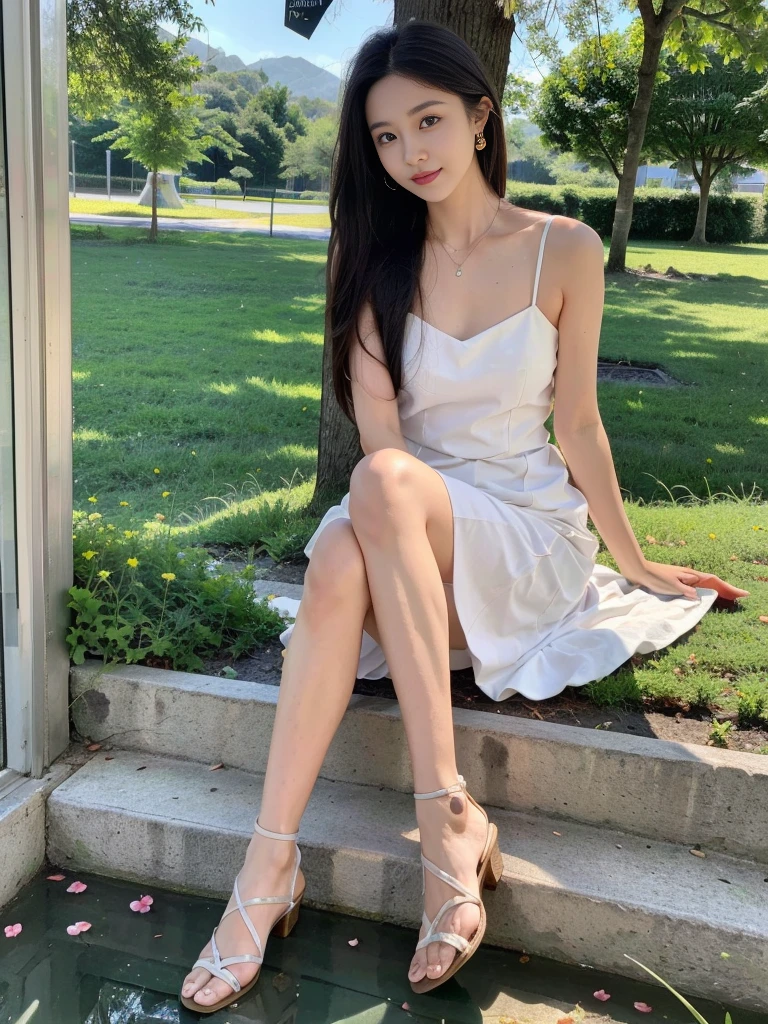 ,masterpiece, best quality,8K, ultra highres,Reallightandshadow,Cinema lenses,(beautidful eyes:1.1), ((The scene is,The upper part of the body)),dynamicposes,On a green meadow,A gentle goddess came with a gentle step。She wore a white dress,A gentle breeze blows,The skirt dances lightly。The sun shines through the leaves on her hair,Reflecting her clear eyes and gentle smile。Colorful butterflies flew around her,Flowers bloomed at her feet,It was as if nature was cheering for her。