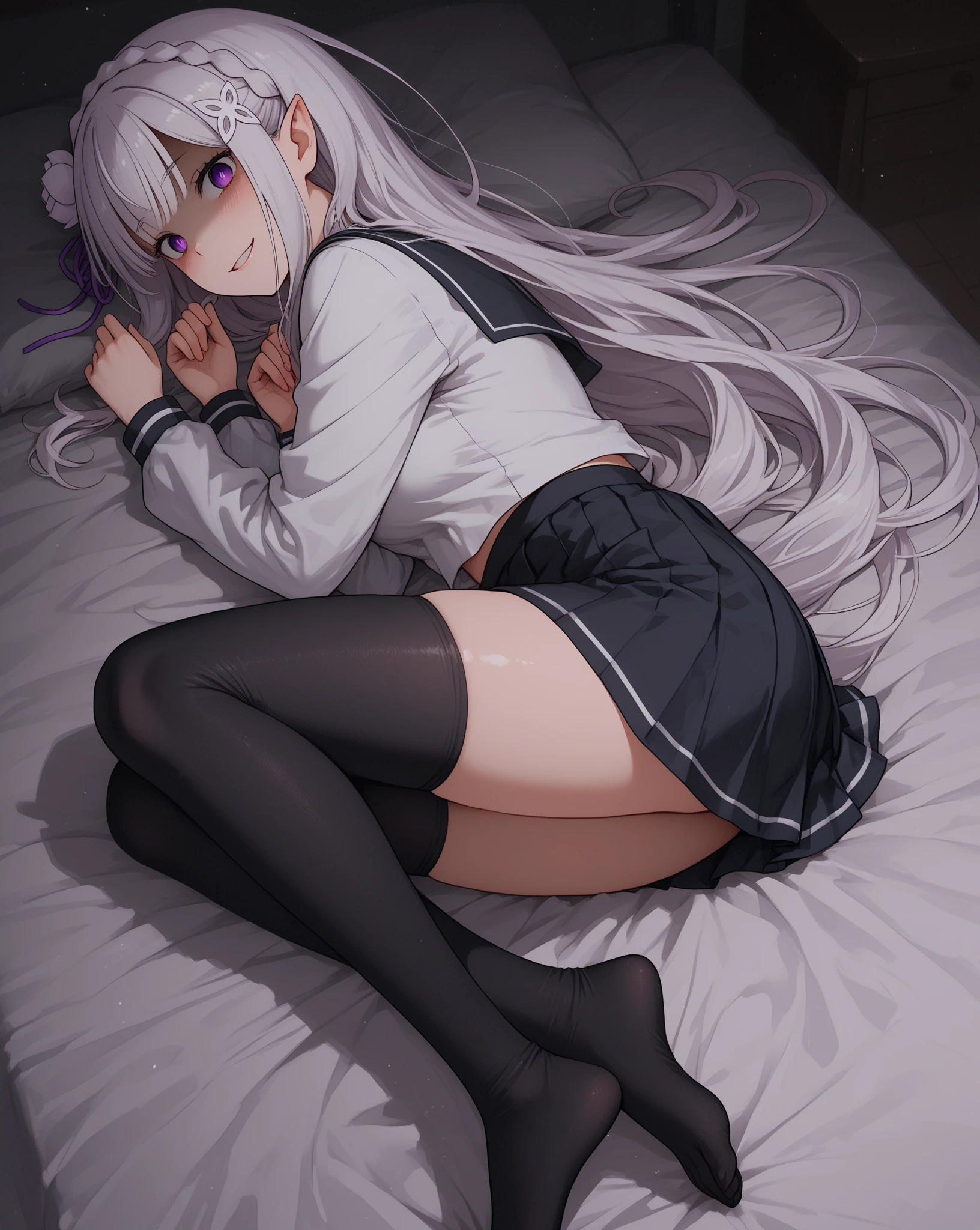 (highest quality())classroom,(full body:1.4),looking at the camera,One cute 16 year old girl,(solo),((is wearing school Costumes,blazer,silver hair,Loafer:1.7)),tears,cry, face,white socks,twin tails,blush, tearsを流している,(forced orgasm:1.2),(trembling:1.9), (arms up:1.4),(lying on bed:1.3)