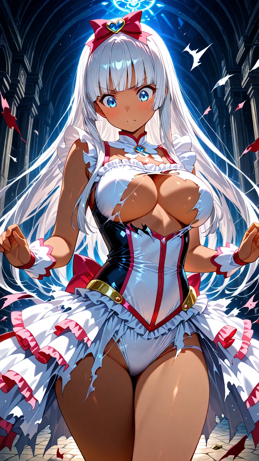 saint，Enchanted，Have fun，in love，(transparent white pajamas)，silver hair，E Blue Eyes，Decoration of saint，elaborate costume，bedroom，person only，nighttime，transparent clothing,((Big breasts:1.5,The crevice is clear.)),Breast curtain,(urine),Peeing in a skirt,