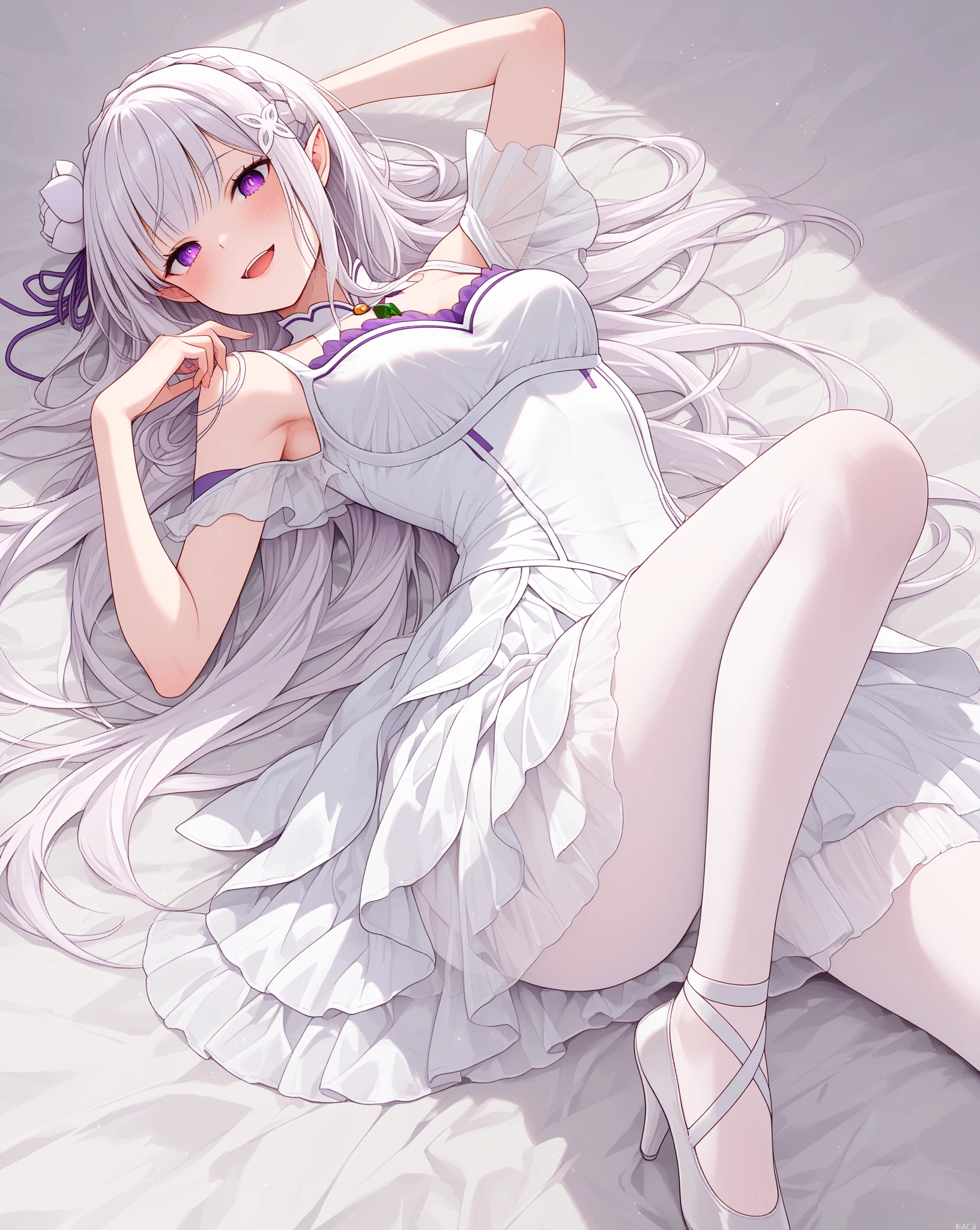 ((Highest quality)), ((masterpiece)), ((detailed)), 1, ghost girl, 独奏, , pale skin, silver hair, long hair, flat chest, sundress, heterochromia, purple eye, yellow eye, (sad), sad smile, toes are transparent, face focus