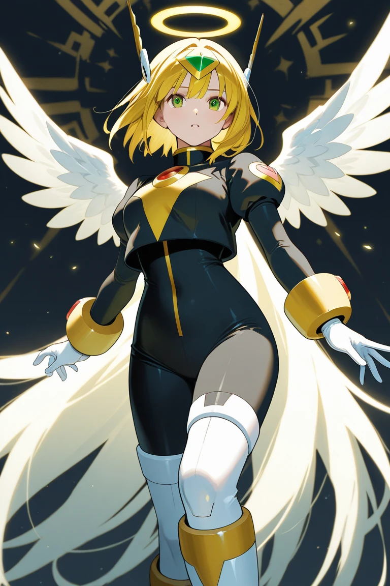 Egg-colored demon girl + Wear a white swimsuit with sleeves + white boots + It has white wings over black on its hips. + long yellow hair + yellow eyes + There is a small yellow star on the left cheek. + has a white tail + white ribbon + He has gray-white horns. + Has a black collar + There is a white shawl that leaves the middle