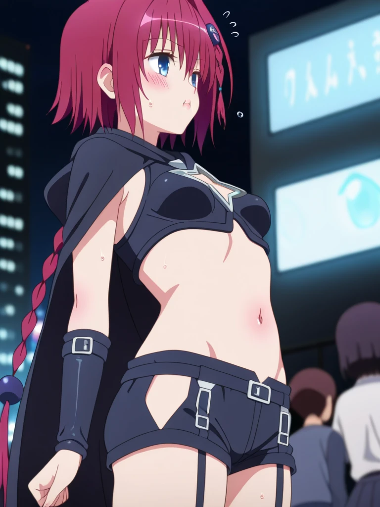 score_9, score_8_up, score_7_up, score_6_up, score_5_up, score_4_up, source_anime, BREAK, <lora:scharlachrotXL_LoRA-C3Lier_AdamW_Dim32_Alpha32_UN-3e-4_TE-1.5e-4_4batch_CosineAnnealingLR_ponyDiffusionV6XL_v6StartWithThisOne:1>, scharlachrot, 1girl, long hair, red hair, twintails, long hair, red eyes, cape, dress, navel, detached sleeves, belt, denim shorts,torn shorts, boots, medium breasts, grin, looking to the side, profile, from below, night, alley, city