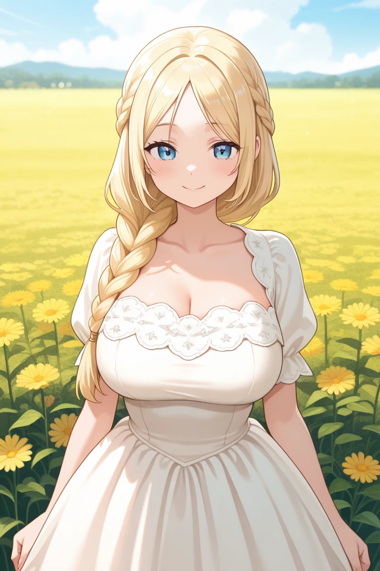 ultra realistic 8k cg, masterpiece, ((ultra detailed background, delicate pattern, intricate detail)), (highly detailed, fine details), best quality, (photorealistic:1.4),beautiful lighting, absurdres, RAW photo, film grain, ((medium breasts, slim girl, cowboy shot)), (complex detailed background, outside, nature environment, trees, sunny, blue sky, sky, cowboy shot), CharlotteRoseleiV1, 1girl, solo, blonde hair, braid, blue eyes, flower, cape, long hair, side braid, blue flower, gloves, thorns, dress, blush,