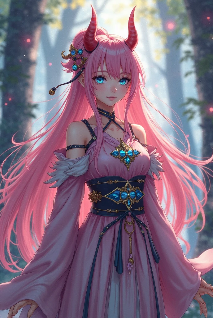 masterpiece, high quality, 1 girl, sorceress, facing forward, battle stance, long pink hair with pink fox ears, big blue eyes, small nose, cute innocent face, blue ornaments in her hair, skinny, big breasts, cleavage, dark blue kimono with long wide sleeves and white/ gold details, white lace thigh-high stockings, cinematic light, waterfall, river, pink cherry trees, green trees, waterfall, blue sky, white clouds,