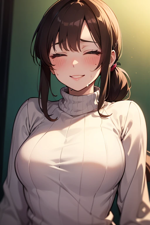 (best quality:1.5, highres, UHD, 4K, detailed lighting, shaders), brown side ponytail, large breasts, mother, milf, adult, long sleeve v-neck, cleavage, tight skirt, thighs, sexy, erotic, lewd, smiling, standing, pov, close shot, living room background