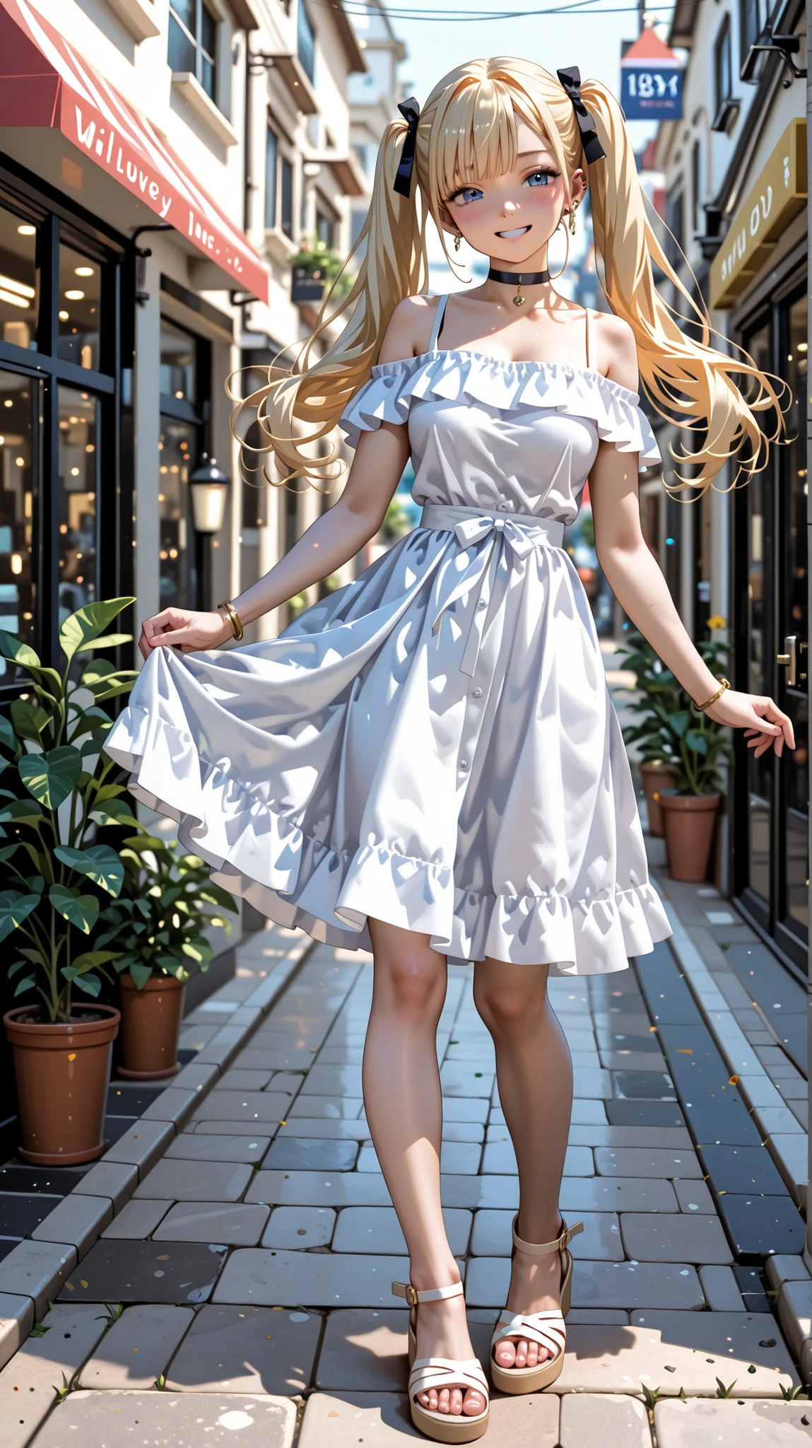 girls、Idol、Full Body、Blonde、Blue Eyes、twin tails、 noon、Street Scenery、Blush、Smile、piercings、Black Choker、white dress、women's sandals with ears、Wave your hand here、
