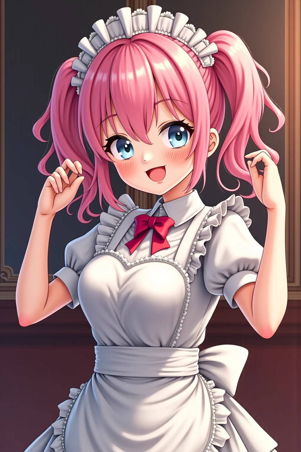 pvc style,(highres:1.2),(ultra-detailed:1.2),[high dynamic range lighting],(masterpiece:1.3), (best quality),highly quality, intricate details,(extremely detailed CG unity 8k wallpaper:1.2),best shadow,(extremely detailed fine touch:1.2), (high resolution), (8K), (extremely detailed), (4k), (pixiv), perfect face, nice eyes and face, (super detailed), detailed face and eyes, textured skin, absurdres, highres,reflection,
looking at viewer,
Ilulu,1girl,horns, low twintails, huge breasts,<lora:Ilulu-10:0.7>
apron, 
blue shirt, cleavage, short sleeves,
black apron
pants,
leaning forward,indoors,figma,full body,