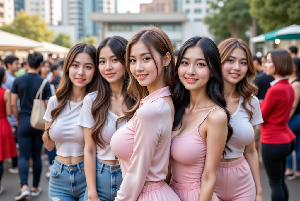5 Beautiful young Thai women with blond hair and a bodybuilder physique wearing white top in a busy street at night, taking selfie