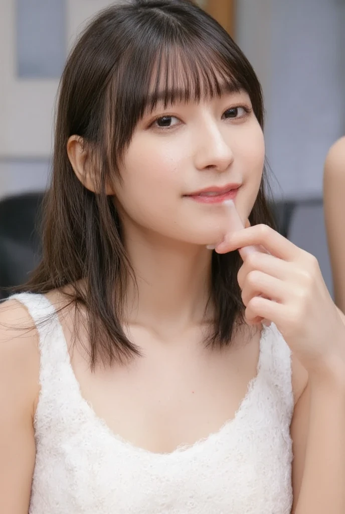 Upper body naked、No clothes、Short bob with neat bangs、Long neck、Beautiful collarbone、Shiny skin、Perfect body、Perfect Fingers、Perfect Arms、Perfect hands、Makes your face smaller、Please look closely at the camera、(Blank white background with nothing)、Perfect Anatomy、Very large breasts、Very large breasts、With your chest between your arms、Adult charm、smile、Embarrassed and laughing
