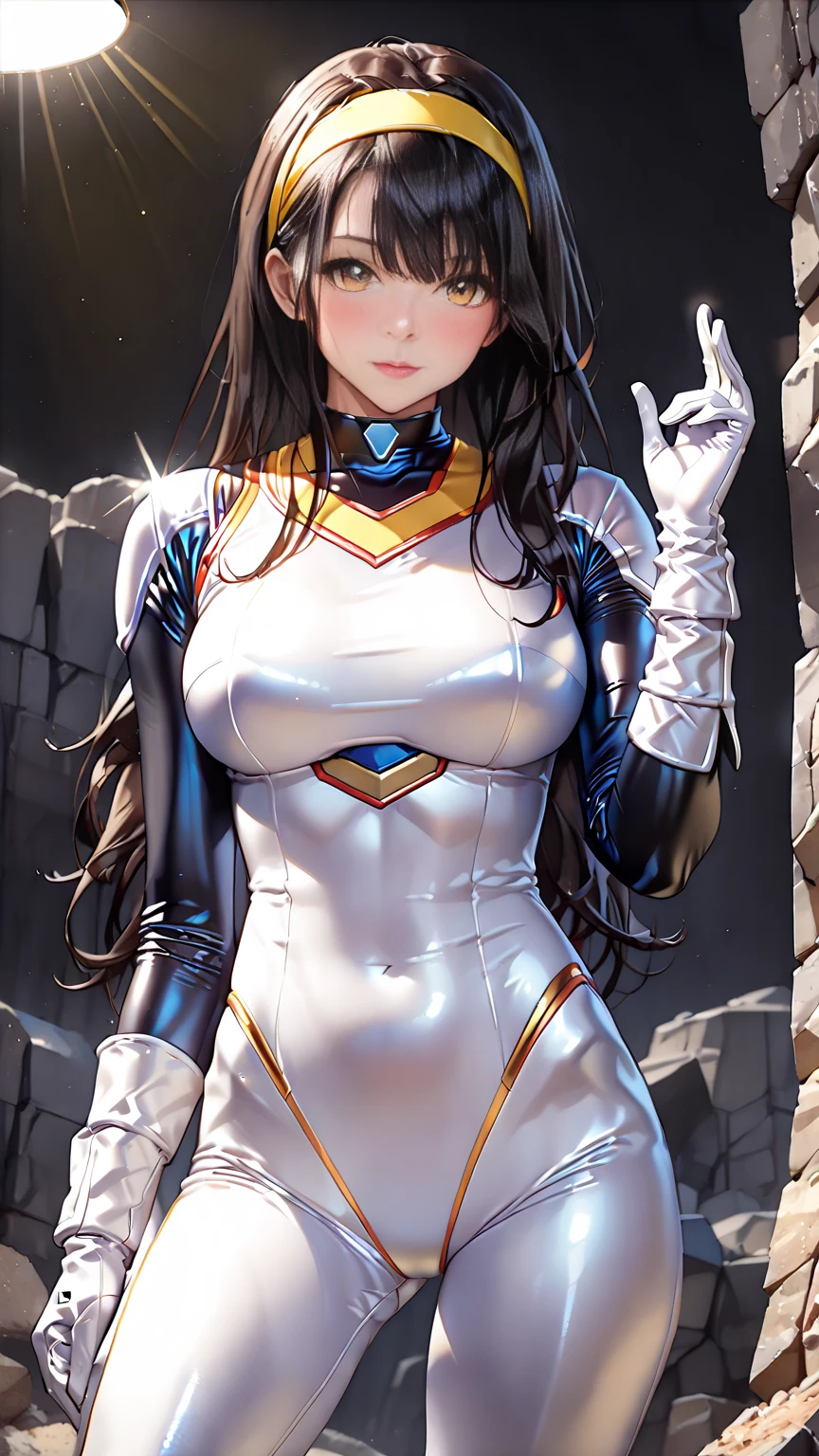 Screenshot Boku no Hero Academia.white skin woman,clear brown eyes,wavy black hair with some blonde highlights and bangs.Her Beauty is unreal and she has a perfect body. He wears a blue and black hero suit and has a happy expression.