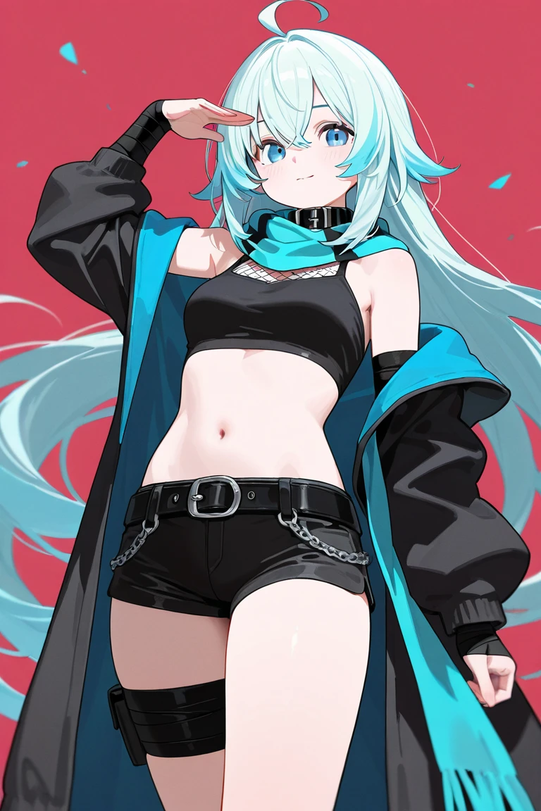 rikumu,solo,1girl,<lora:rikumu2:0.9>,ponytail,light blue hair,black coat,thigh,black jacket,cleavage