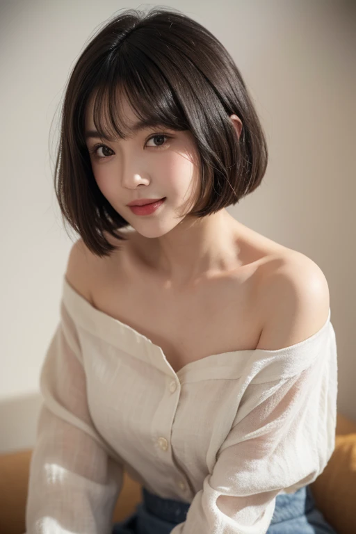((Subdued lighting effect)),((Moody Lighting)),(Highest quality, Very detailed, masterpiece:1.2), 1 women, Very thin body, length, Thin legs, ((Black wavy short hair:1.2)), ((Thick and fluffy bangs)), Very detailedな顔,A faint smile, small, Thin Nose, small thin mouth, Extremely sharply focused eyes, Japanese, Beautiful Face, Realistic eyes, Beautiful and beautiful eyes, Realistic Skin, Beautiful Skin, charm, (A vivid face), Beautiful Hairstyles,((Over Size Tシャツ)),脇を見せる,腕を上げる,