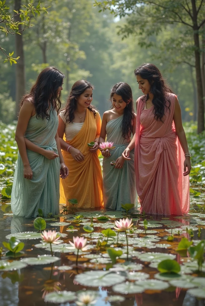 six incredibly beautiful iranian women in transparent multicolored blouseless sarees picking up water lilies in a forest, giggling and talking to each other. thigh deep in water, covered with multiple kinds of flowers. their young sons adoringly looking at them.