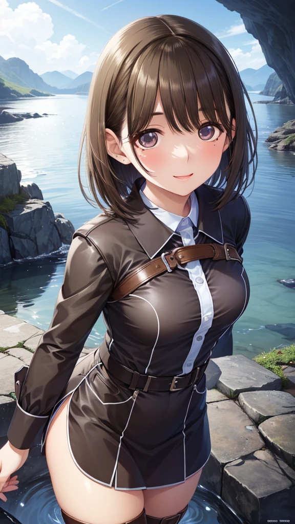 Cute adventurer Girl, Long lush Brown Hair, Beautiful Blue Eyes, Natural Cat-like Ears, mildly curvaceous, large chest, Rugged Outfit, adventurer gear, worn attire, determined expression, exploring a mountainous forest, Pretty sky, standing, one hand on hip, mild close-up, Brown leather straps, damaged attire, practical and rugged attire,