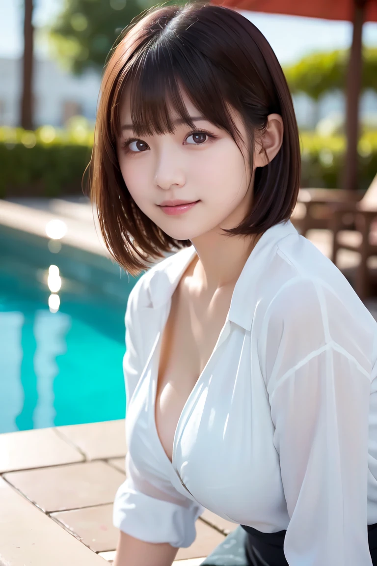 ((top quality, 8k, masterpiece: 1.3, raw photo)), Sharp Focus: 1.2, (1 aespa girl: 1.2), (Realistic, Photorealistic: 1.37), (face focus: 1.1), cute face, small breasts, flat chest, short messy hair, water shower, wet body, (white business shirt: 1.1), sitting pool side, sunlight, movie lighting