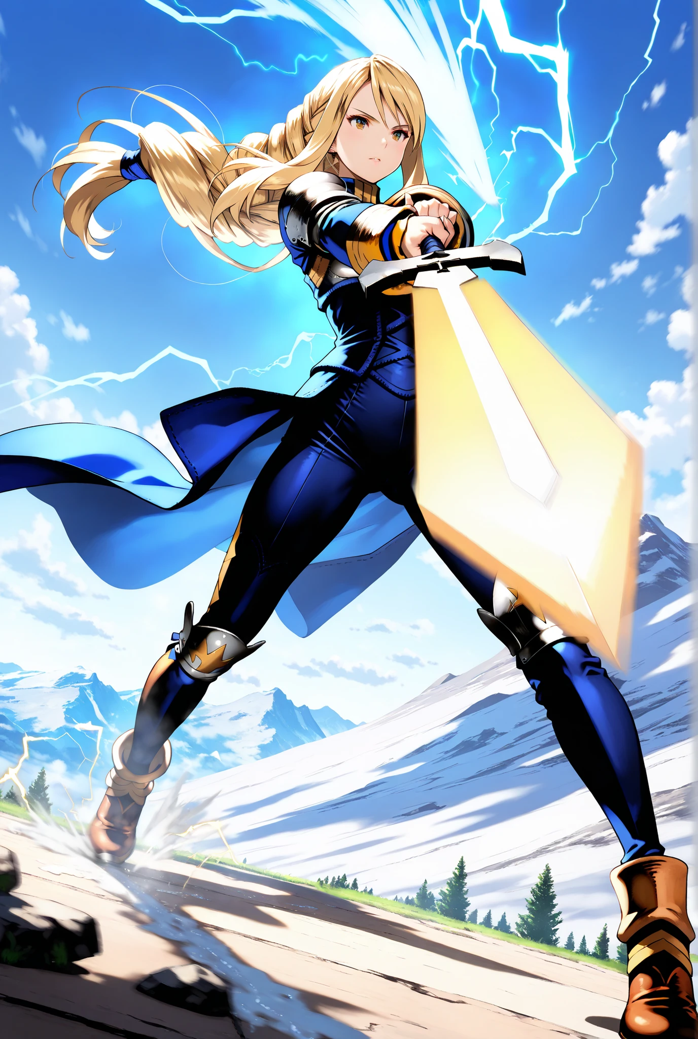 ((masterpiece, Highest Quality, high resolution, detailed CG integrated 8K wallpaper,Ultra Details)),1Girl,electrokinesis,holding , plasma sword,long exposure, (motion blur):1.2, fluid movement, ethereal atmosphere, dreamy trails, dynamic energy, time-lapse effect,dynamic pose,Final Fantasy Tactics Agrias。The background is a fantastic and idyllic mountain top that emits Warriors lightning thrust。The sky splits。