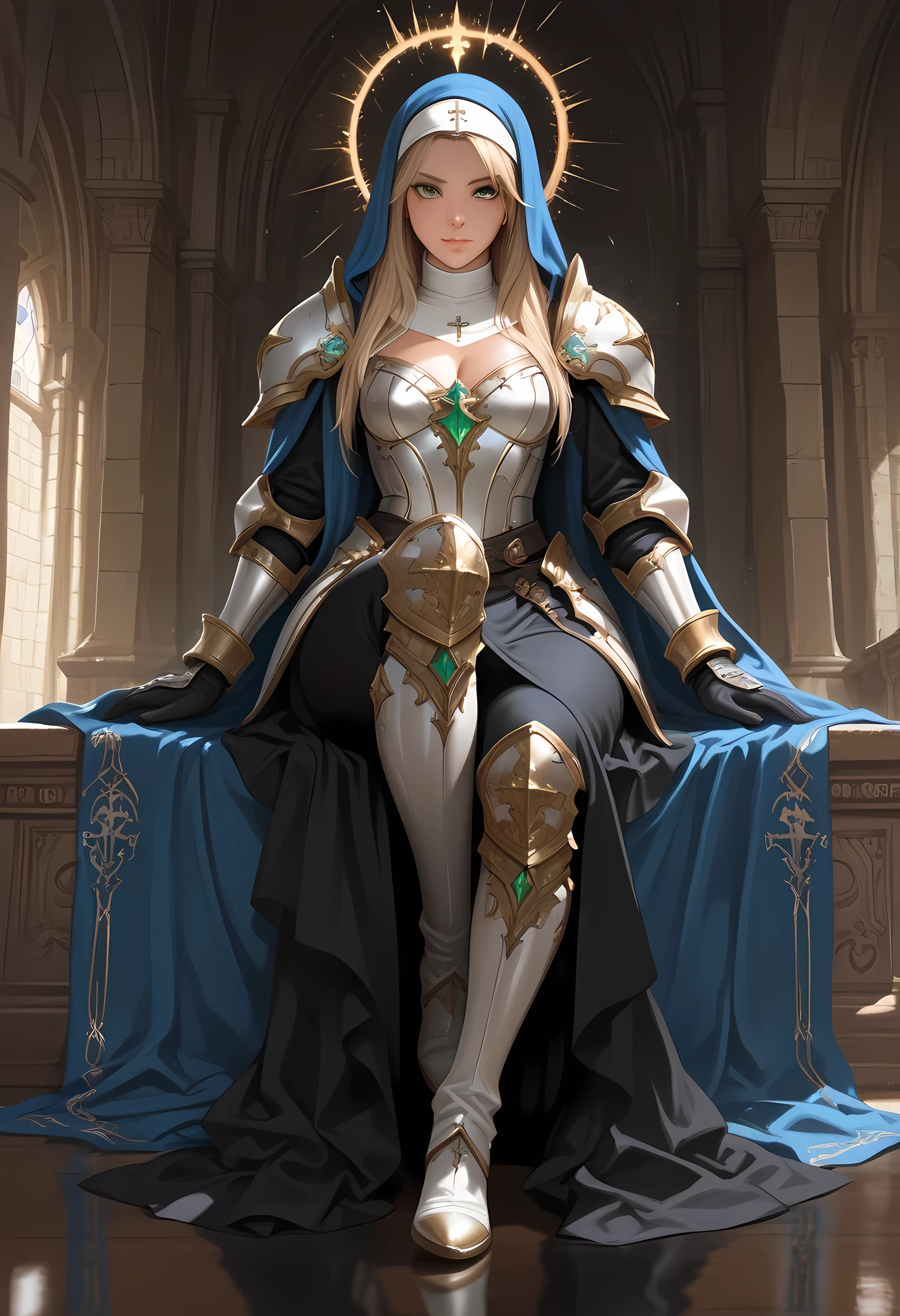 portrait of a nun making an exorcism on a sleeping  , fantasy portrait  art, dnd art, RPG art, wide shot, (masterpiece: 1.4) intense details, highly detailed, photorealistic, best quality, highres,  (fantasy art, Masterpiece, best quality: 1.3) , intense details facial details, exquisite beauty, (fantasy art, Masterpiece, best quality) fantasy nun,  long hair,  (green eyes: 1.3), casting yellow radiant spell, wearing heavy (black and white armor: 1.3), small cleavage, wearing high heeled boots, wearing an (blue cloak:1.3), wearing glowing holy symbol, within fantasy temple background, reflection light, high details, best quality, 16k, [ultra detailed], masterpiece, best quality, (extremely detailed), close up, ultra wide shot, photorealistic, RAW, fantasy art, dnd art, fantasy art, realistic art,((best quality)), ((masterpiece)), (detailed), perfect face, art by mooncryptowow