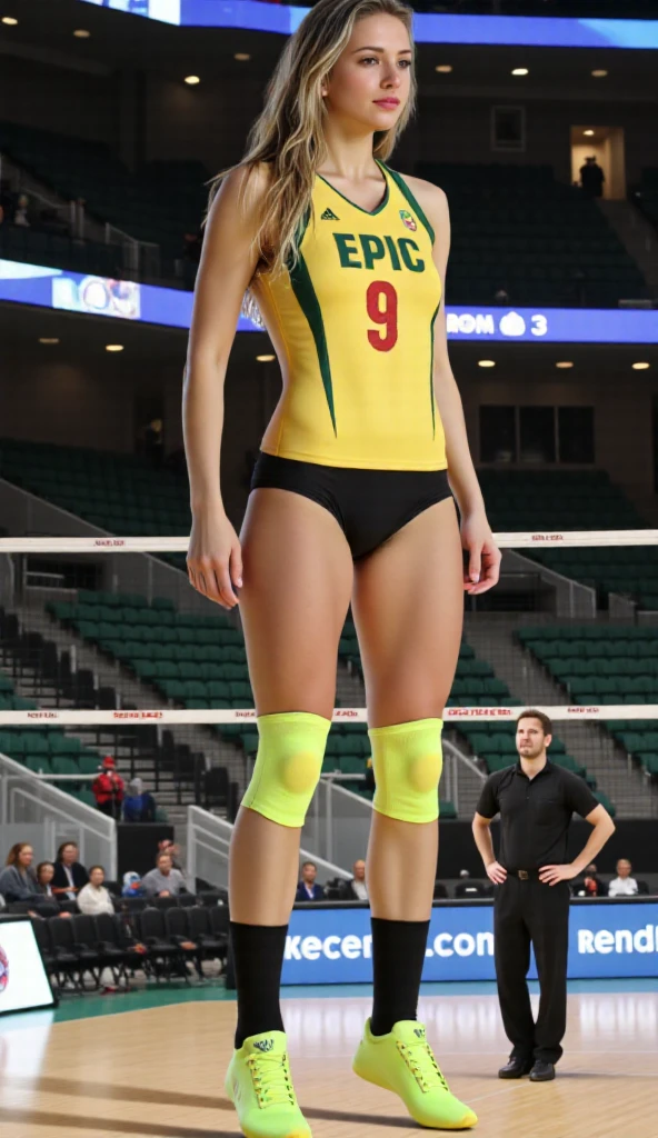 realistically, a high resolution, gentlesoftlighting, Beautiful, seductive, sexy, blonde, 18 years old, tall and slim, wearing Oregon Ducks volleyball uniform, full standing, in the gym, facing camera, 8k, masterpiece, master works,