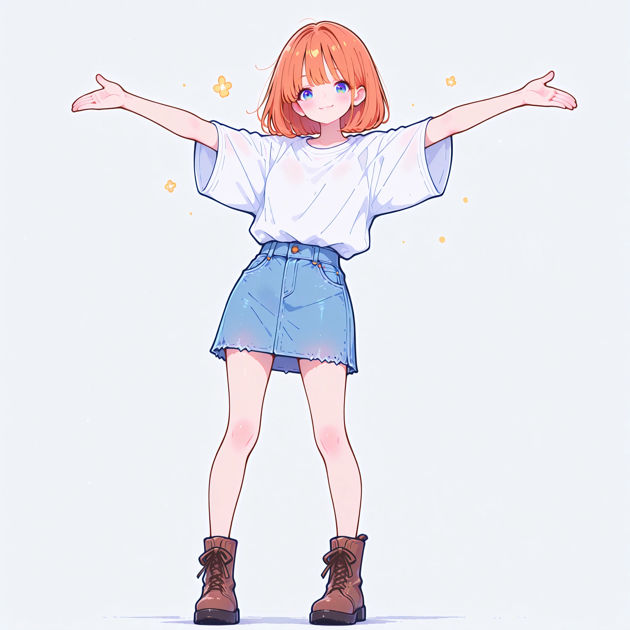 masterpiece, best quality, ultra detailed, high resolution, intricate details, sharp focus, smooth shading, professional lighting, clean lineart, anatomically correct, beautifully detailed eyes, no artifacts, 1girl, full body in frame, simple white background, bob hair, orange hair, blue eyes, white loose T-shirt, denim skirt, brown boots, open arms, welcoming gesture, warm smile, looking at viewer