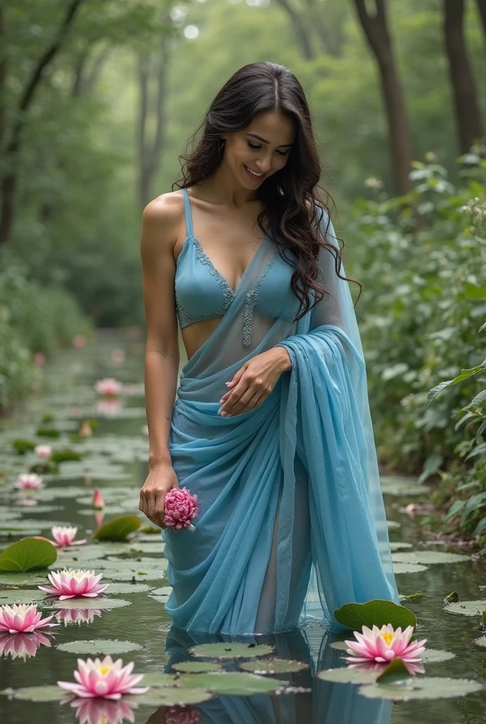 incredibly beautiful iranian mom with 30gg breasts, slim and athletic, in transparent blue blouseless saree picking up water lilies in a forest, giggling and talking to incredibly handsome son. thigh deep in water, covered with multiple kinds of flowers. their young son adoringly looking at her. mom's cleavage is massive. tall dark erect nipples, goosebumps on her skin