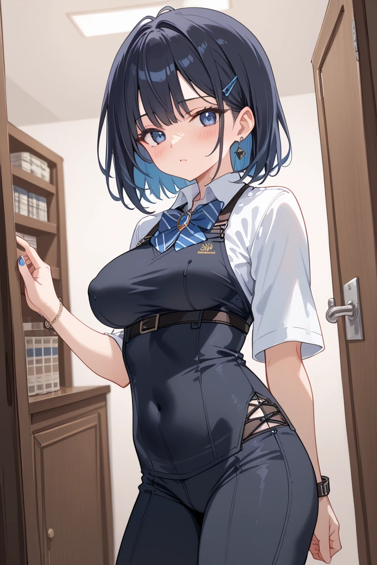 1 Cute naughty Assassin girl, Pastel colors hair, medium breasts, (Thighs, fishnet pantyhose, ninja costume, Shinobi costume), short hair, (dark blue hair:1.2), (naked:1.3), (forehead:1.2, bangs pinned back, asymmetrical bangs, hairclip, side ponytail:1,2), standard height, (Serious, Large eyes, yuruyuri), at the adventurer's guild, A bulletin board with posted paper