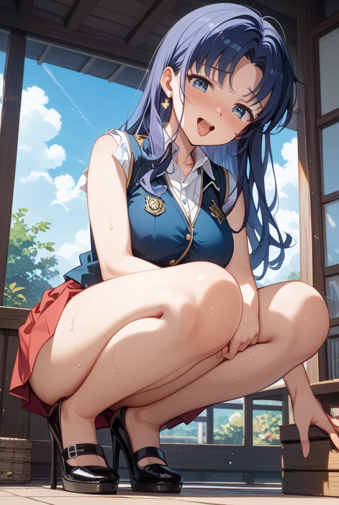 masterpiece, best quality, illustration, game cg, highly detailed, misakiao, hair ribbon, beautiful detailed eyes, light smile, cowboy shot, cheerleader, cleavage, midriff, grass, sitting, (knees bent:1.5)