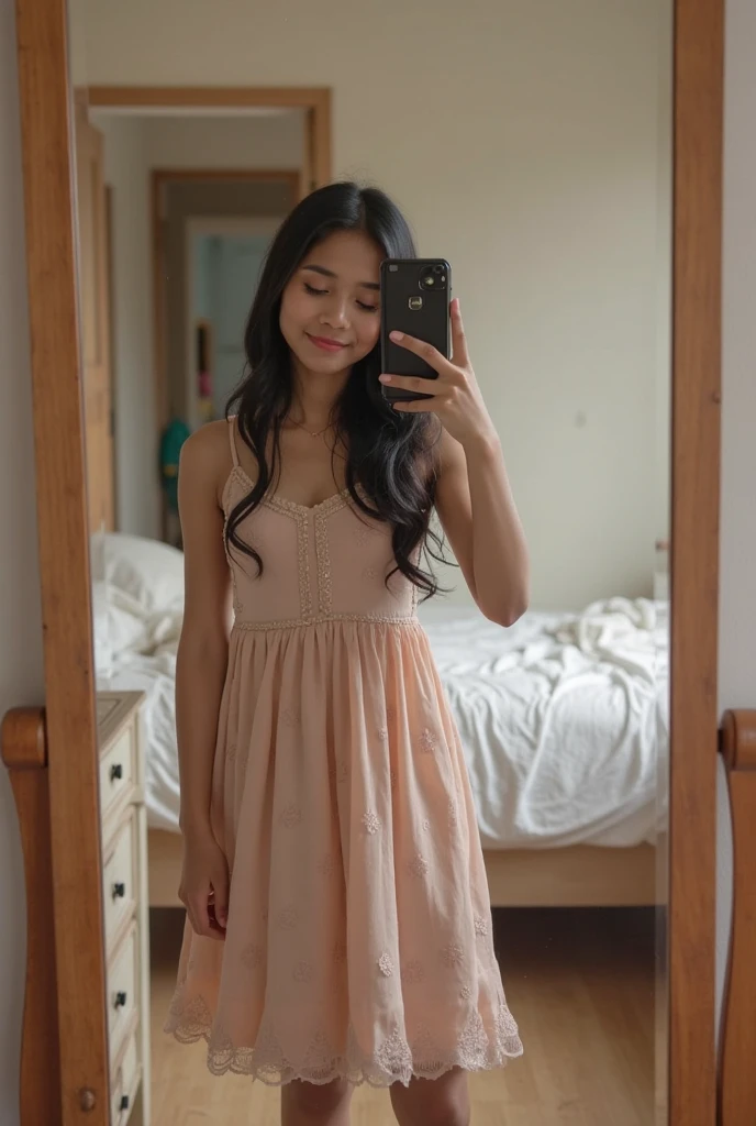 A girl with pretty, dark blonde, wavy hair , smiling ,He is taking a selfie in his room with a bed with stuffed animals and a pink and white blanket in the background , the light-skinned girl with brown eyes , pink dress , he is 14 years old , make it look very real , It is very tender but big , Asian , there is no one in his room , she must be close to the photo , She has the cell phone in her hand as she takes the photo.
