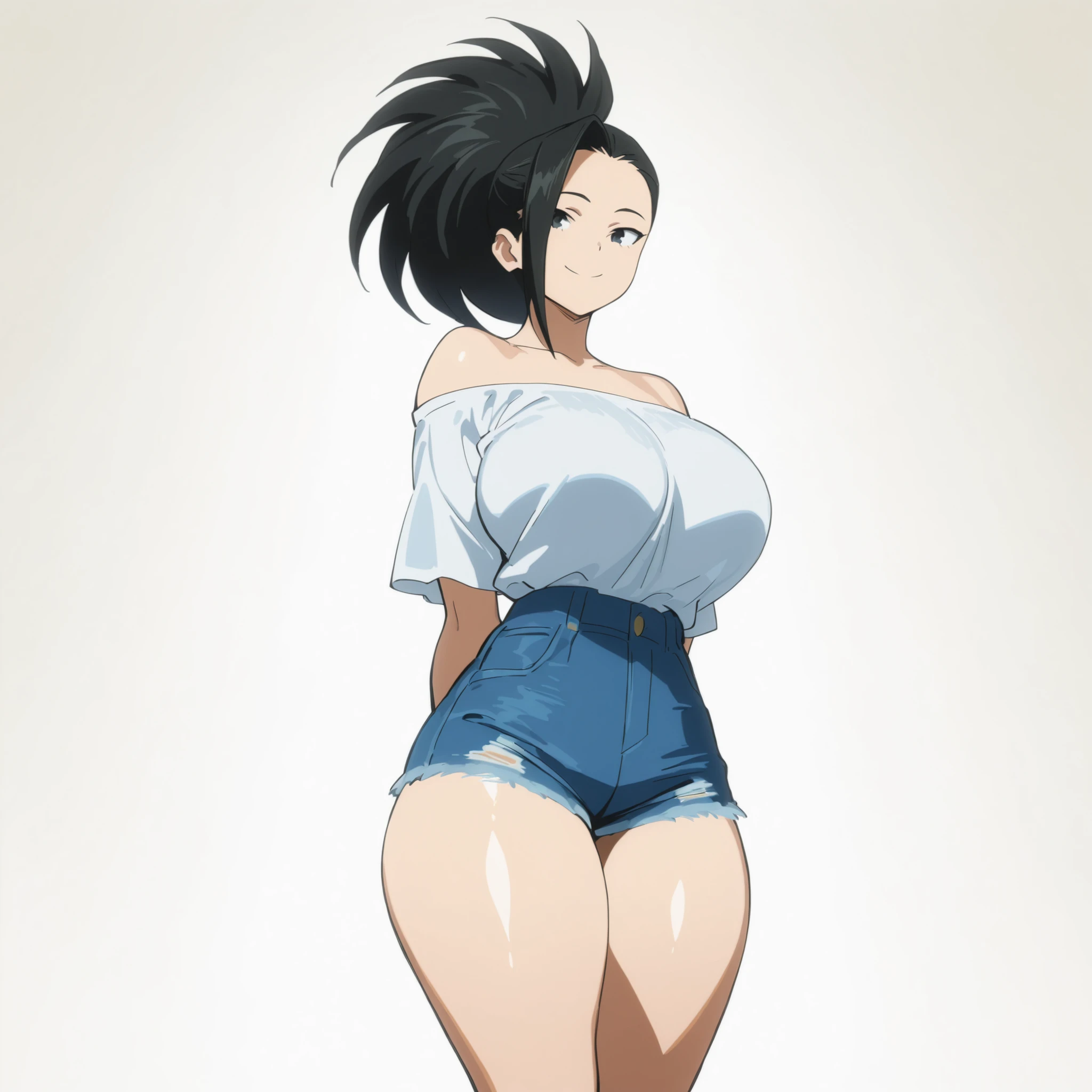 masterpiece, ultra-HD, impressionism, high detail, dynamic lighting, best quality, very aesthetic, 8k, best quality, beautiful, shiny skin, 1girl, solo, m0y4, black hair, ponytail, black eyes, huge breasts, narrow waist, wide hips, thick thighs, white off-shoulder shirt, denim shorts, blushed, smile, cute, standing, looking at viewer, simple background, from the front view