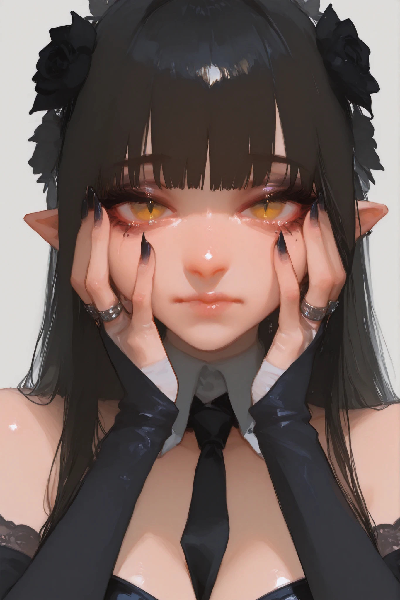 1girl, black nails, black hair, solo, slit pupils, looking at viewer, mole, ring, fingernails, portrait, black flower, jewelry, long hair, nail polish, blunt bangs, lips, long fingernails, yellow eyes, flower, multiple moles, closed mouth, mole under eye, necktie, gloves, hair ornament, close-up, black rose, hair flower, eyelashes, pointy ears, straight-on, makeup, sharp fingernails, breasts, between breasts, black necktie, bare shoulders, bridal gauntlets, multiple rings, hands up, dress, detached collar, hand on own face, nose, upper body, fingerless gloves, tears, black dress