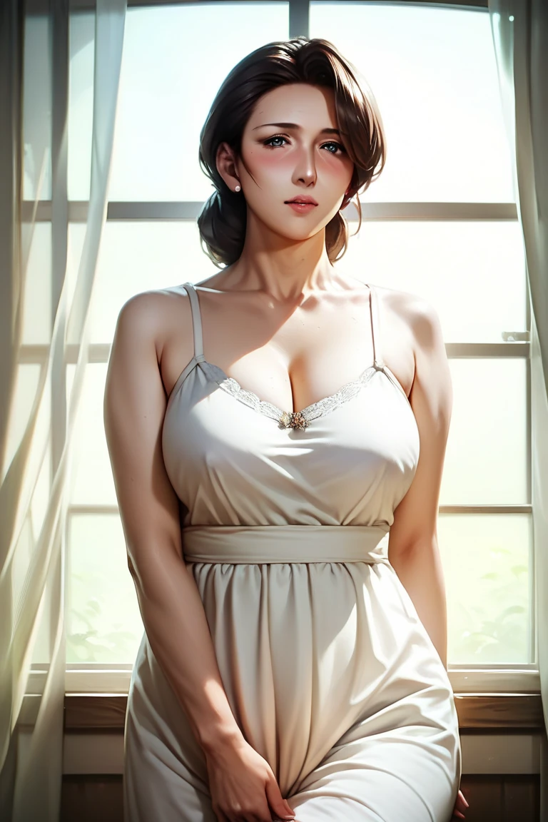 1girl, beautiful detailed eyes, beautiful detailed lips, extremely detailed face and portrait, white dress, standing by river, slight smile, splashing water, sunlight, (best quality,4k,8k,highres,masterpiece:1.2),ultra-detailed,(realistic,photorealistic,photo-realistic:1.37),intricate details, soft lighting, serene landscape, vivid colors, cinematic composition
