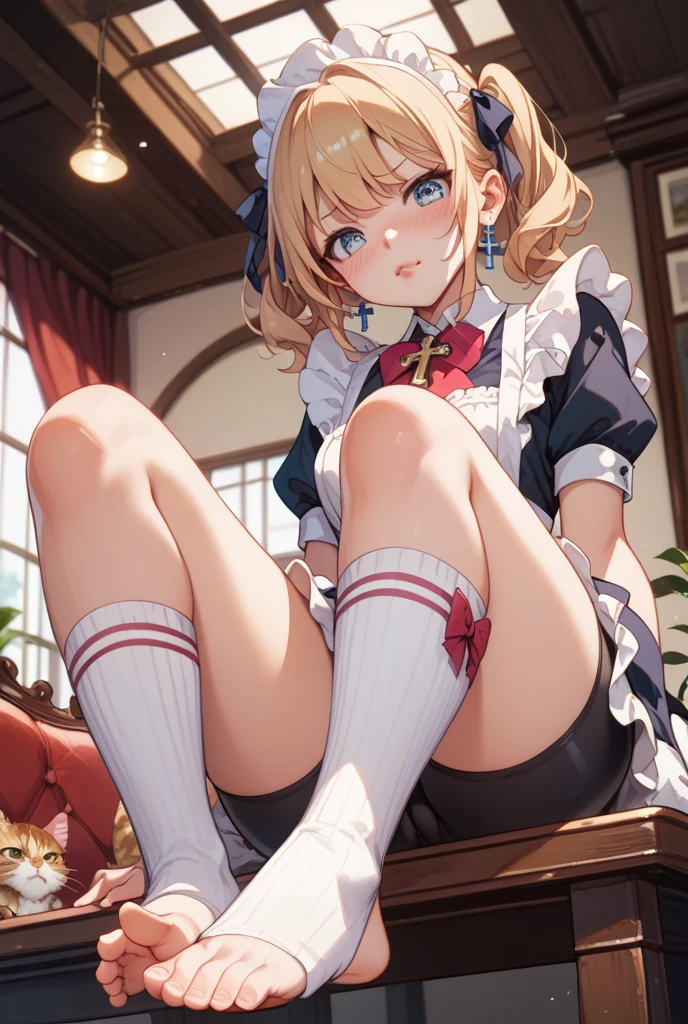 (masterpiece), 4K,woman,Long sleeve sailor suit,Small breasts,Small Ass,Curly Twin Tails,Light bulb lighting,Realistic, skinny, Big smile,Frill Bra,((,Short bloomers under a skirt)),Sitting on the stairs,((Knee-length pleated skirt)),Angle from below the knee