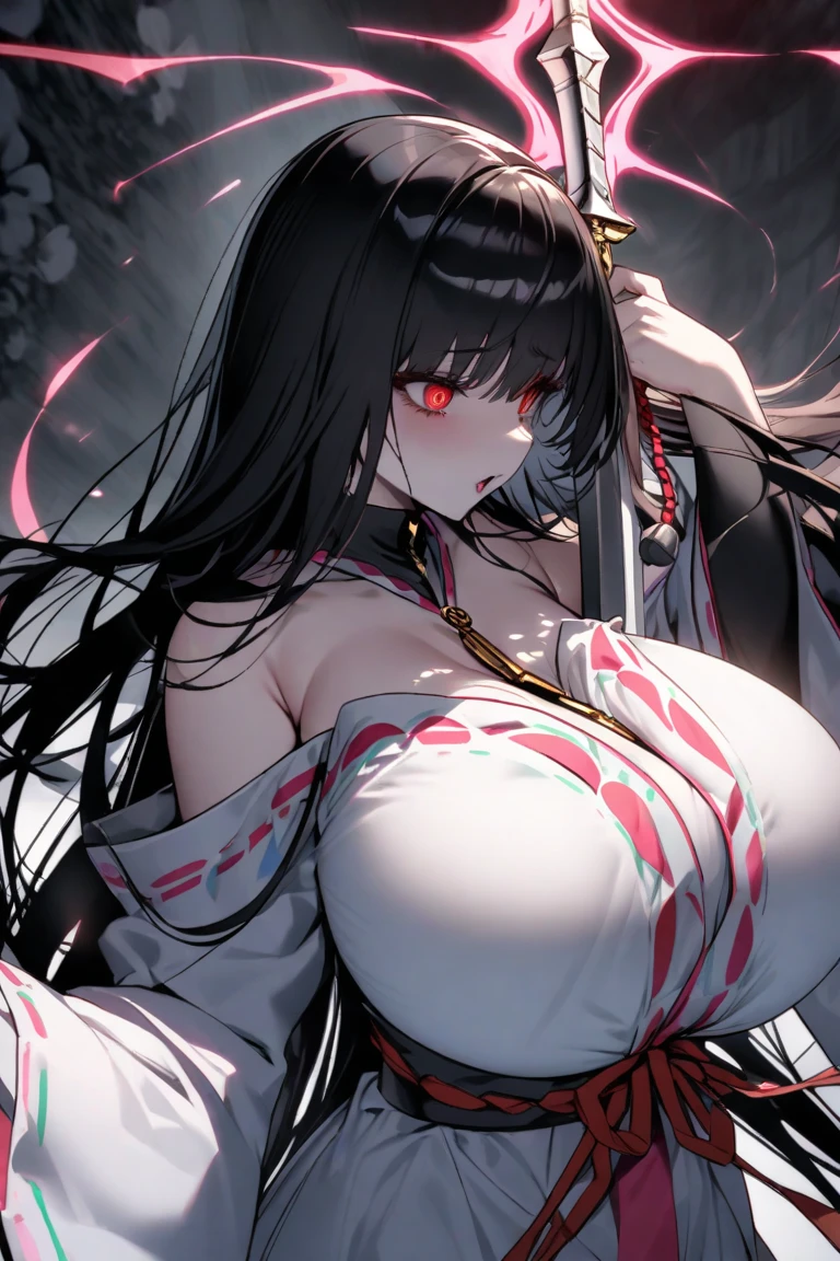 Masterpiece, very detailed, ultra detailed, one, (1 woman), Photo of a woman in a short Japan yukate with gold detal and black stockings, with a black katana in her hands an aura of kill, with black eyes, long black straight hair and straight bangs, with huge breasts, she with black demonic horns and black dragon wings, around her an aura of kill