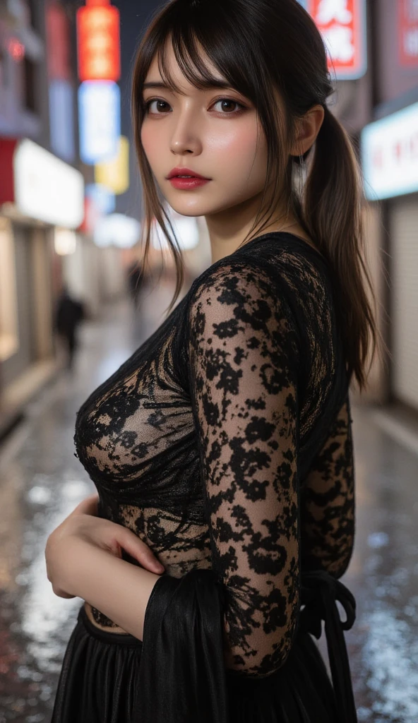 (8k, RAW photos, highest quality, masterpiece, Realistic, Photorealistic: 1.3), (Japanese beautiful Woman with perfect body), Tokyo's cityscape, city street, Night, Professional lighting, (Big tits, thin waist:1.3), See-through shirt, (The tips of the breasts are sticking out), high heels, The crotch is open, full body, beautiful legs, squatting,