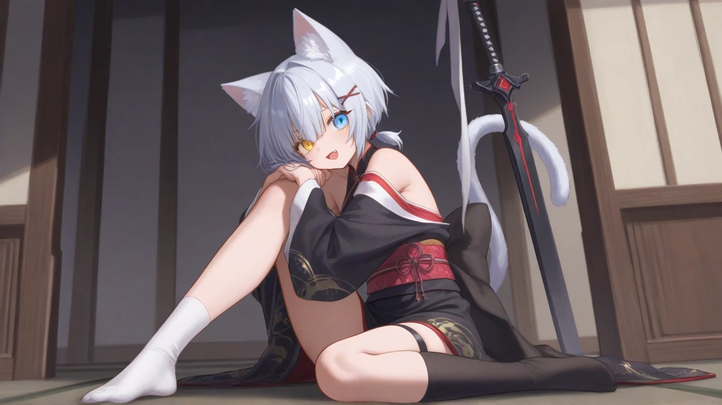 cartoon,high quality,White and tender skin,High Detail,Cute girl ninja,Cat ear,White hair,右侧Cat ear上有一枚金色耳环,Ear clogs,Black tabi,Red and white striped gloves,Left hand holding the dagger,,Heterochromia,Red right eye Green left eye,Showing small tiger teeth,The right forearm is tied with a decorative thin white bandage,A simple black symbol totem in the shape of an eagle head is painted on the bandage,Red and white themed ninja costume,In the right hand, he holds a small gold-rimmed scroll.,Lean back,A little embarrassing,Tenaciously supporting the body,Left foot tabi length to knee,Right foot normal,Right leg calf