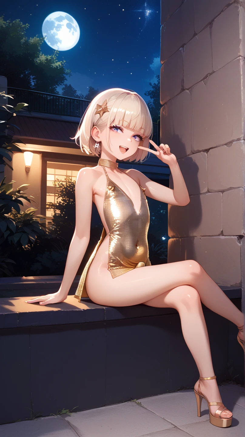 hightquality、top-quality、8K, 独奏、1girl in、Luxurious tropical hotel pool、Outdoor pool、Neon light、((Pink lighting))、swimming pools、Pool at night、Night view、starrysky, makeup、maikurobikini、Full Body Gold Accessories, (Gold Accessories、Gold necklace、Gold Bracelet、belly button piercing、Gold waist chain、Gold Earrings), Thick lip、Glossy pink lipstick、 (((Sweat))), fishnet tights、(((Platinum blonde short hair with brown skin tone))), Girl floating on water、Pink liquid on the body