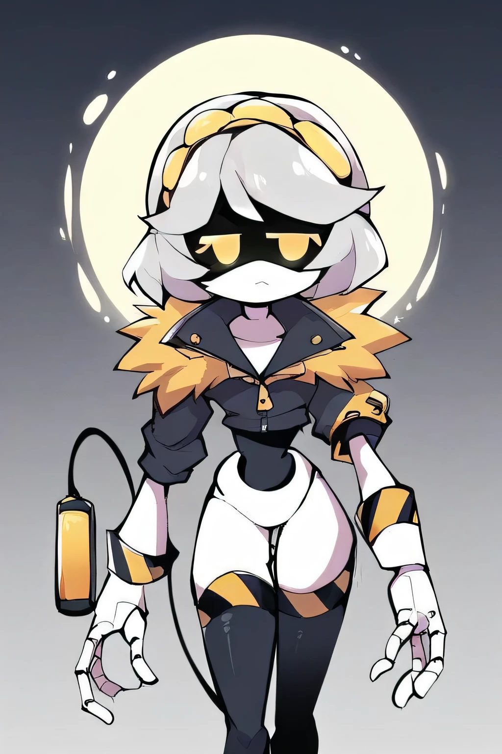 2D, score_9, score_8_up, score_7_up, BREAK, 1girl, solo,sdV, Grey Hair, Yellow Eyes, Robot, Visor, Tail, Black Jacket, Fur Trim, Thighhighs,в купальнике,на пляже,голая , не большое тело 