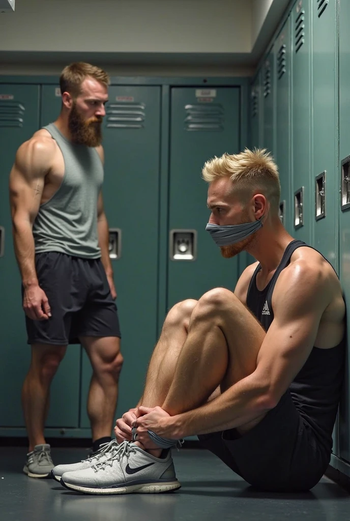 A strong, hairy red-haired police officer in navy blue underwear points a pistol at a black man inside a public restroom surrounded by other men.
