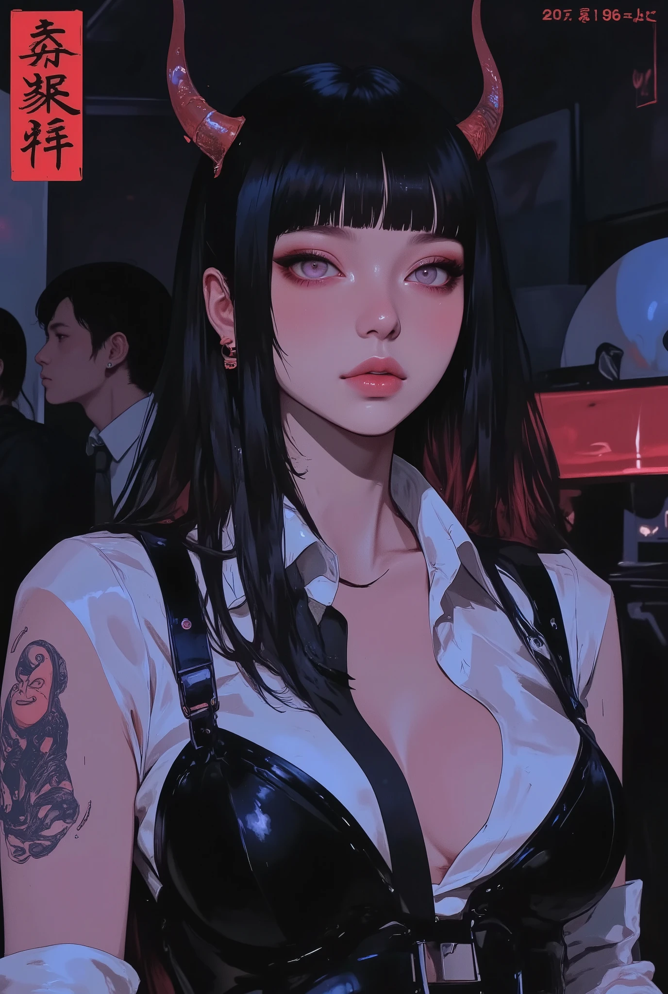 ((masterpiece, best quality, amazing quality, hyper-Detailed, absurdres, highly detailed, highres)), amazing quality, very aesthetic, (volumetric lighting), digital art style, drawn aesthetic, concept painting, ultrahigh definition, Niji, Niji Lineart, 1girl, solo, long hair, bangs, black eyes, pale skin, black horns, white blouse, necktie, blazer, black skirt, officewear, looking at viewer, upper body, demon girl, red eyes, sitting, indoors, heels, open collar, business outfit, sharp nails, faint smirk, dark aura, horns through hair, glasses, Dark, dark dream