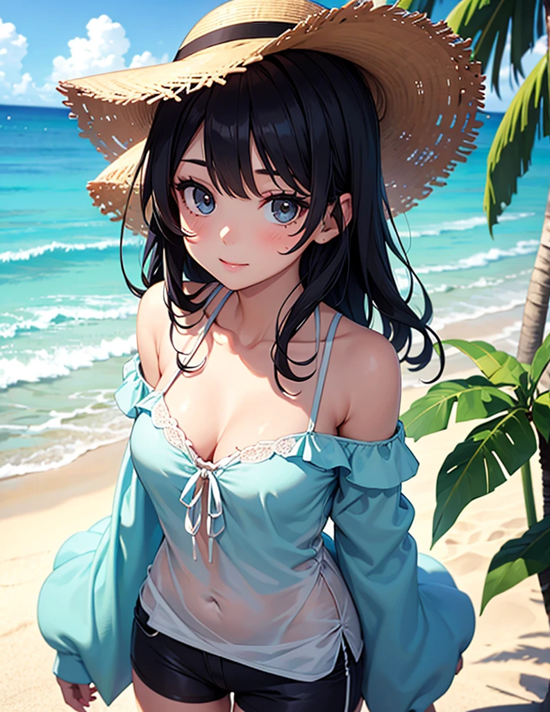 ((masterpiece, Highest quality, High resolution, 超High resolution, Pixel perfect, Written boundary depth, 4K, RTTX 10.0, High resolution))), 1 girl, single, alone, Beautiful Anime Girls, Beautiful art style, Anime characters, ((Shortcuts, bangs, Dark brown hair)), ((Green Eyes:1.4, Round eyes, Beautiful eyelashes, current eyes)), ((Smooth texture:0.75, Anime CG style)), ((Dynamic Angle, close)), Perfect body, (pretty girl), Normal chest, whole body, ((4K, 8k, Highest quality, Perfect Fingers: 1.3, Perfect Anatomy: 1.3, Background Blur)), whole bodyアングル, Please draw a stylish girl in summer clothes., She was wearing a light sundress and sandals, wearing a wide-brimmed hat, In the background is a beach with clear skies and gentle waves., Express a relaxed summer vibe