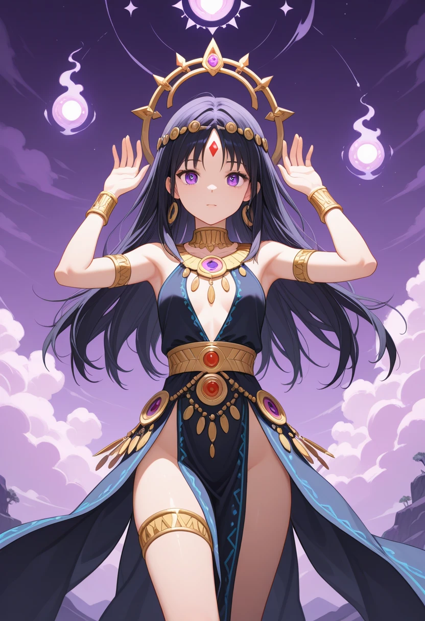 Nome: Amun-Ra Tema: Deusa do Sol e Soberana do Nilo Cor da pele: Pale Gray Hair: Preto, long and braided eyes: Dourados Roupa: A flowing gold silk dress, adorned with ancient Egyptian jewelry. A cloak with patterns and hieroglyphics in gold wraps his shoulders. Pulseiras, colares e brincos elaborados complementam o traje. accessories: A golden crown with peacock plumes stands majestically on his head. She carries a golden staff with a sun symbol on top..
Amun-Ra is a powerful Egyptian deity, representando o sol e a vida no antigo Egito. Your pale gray skin symbolizes your divine and eternal nature. Her long, braided black hair and golden eyes radiate a heavenly glow.. Amun-Ra wears a flowing gown of golden silk, que reflete a grandiosidade e o esplendor do sol. Symbols and hieroglyphs in gold adorn his cloak, representing the rich history and culture of Egypt. Your accessories, like the peacock crown and the golden staff, simbolizam seu poder e autoridade. Amun-Ra is a majestic and wise figure, reverenciada como a soberana do Nilo e adorada como a divindade do sol. She personifies the greatness and influence of the ancient Egyptian civilization.