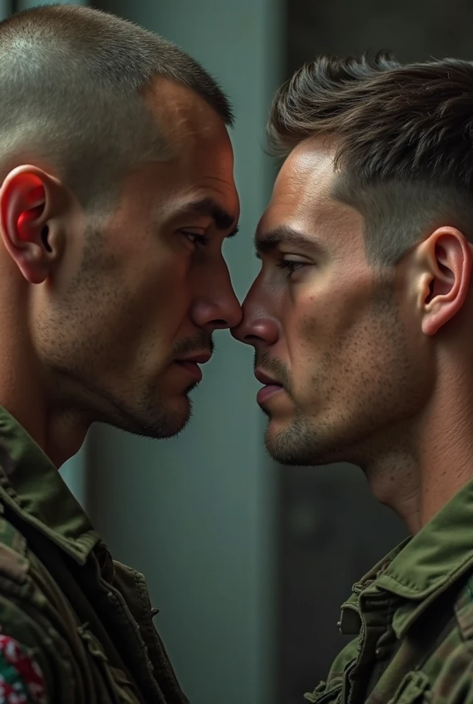 Two military men in a room completely naked kissing while their bodies unite in passion thus making love