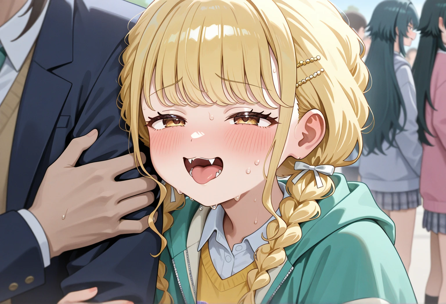 the girl's a pervert who likes to watch men masturbate，men are masturbating in her room，the girl is watching a man masturbate，smile, men are stroking them penis in front of her, the girl stares at the men's hand stroking them dick，Many men are lining up to be chosen by her.，(only 1 girl)