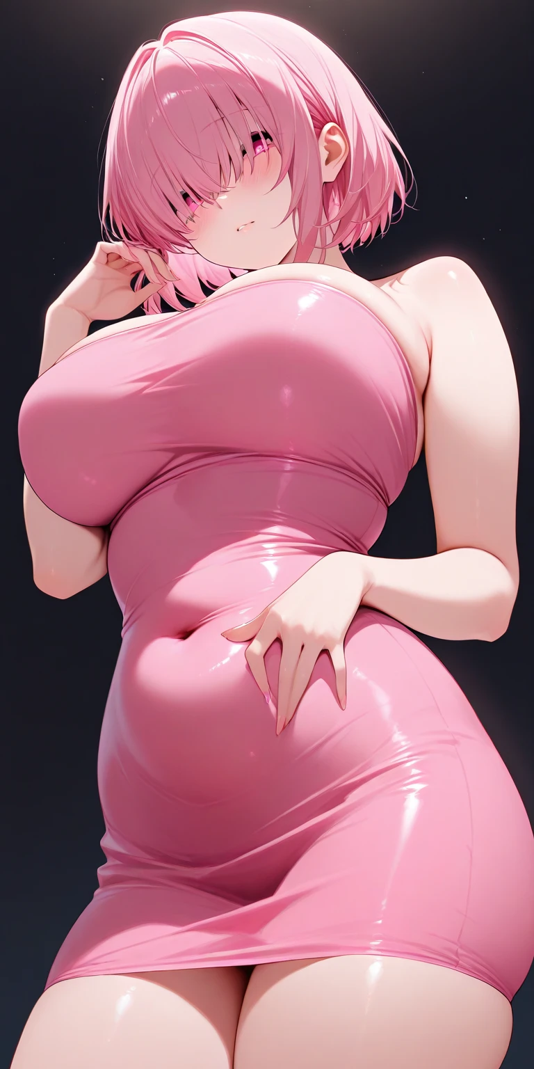 gorgeus voluptuous goo slime girl, greenish translucent body, translucent goo slime body, deep pink almond-shaped eyes, short pink pixie style hair, perfect huge and heavy breasts, voluptuous wide hips, muscular thighs, muscular arms, sexy voluptuous belly, massive huge flashy cameltoe, lewd, UHD, retina, masterpiece, anatomically correct, textured skin, high details, award winning, best quality, 8k