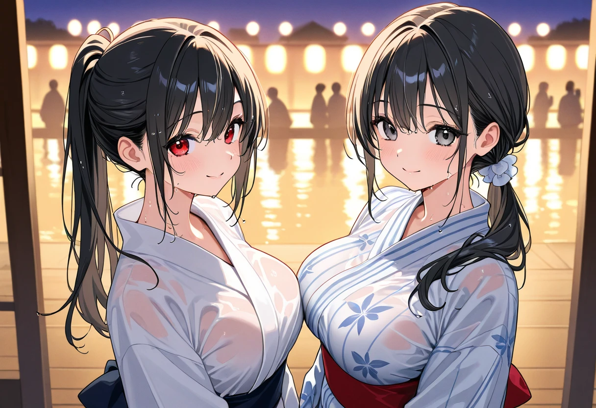 Highest quality、High resolution、Detailed Background、(Beautiful face in every detail:1.4)、Anatomically correct、Detailed facial expressions、(Detailed eyes:1.2)、Teenage beauty、(Huge breasts:1.2)、Light color hair、Braided Ponytail、Braided bob cut、Braided Long Hair、cute gesture、Midsummer evening、summer boat、Relaxed atmosphere、Cowboy Shot、A big smile、smile、

(Two beautiful girls enjoying a date night:1.5)、

Board a summer boat moored on a deck along the river、Illuminated ship deck、Board the boat with a woman dressed in a cute yukata.、The night breeze blows pleasantly through the boat as it slowly makes its way down the river.、The shining moonlight gently illuminates the surface of the river.、Enjoy the night view along the river、cute